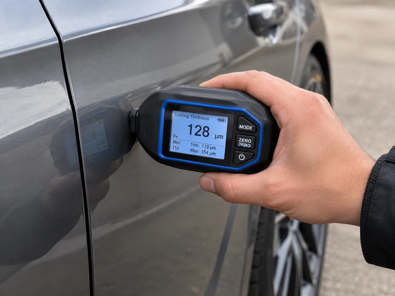 A hand holding a digital paint thickness gauge against a grey car door, with a reading showing on its display.
