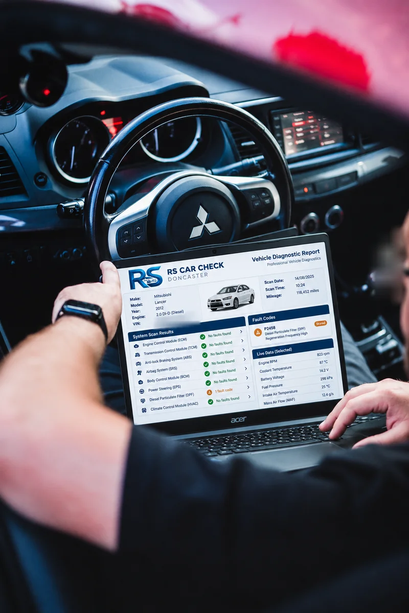 A person holding a laptop inside a car, with a vehicle diagnostic scan showing on the screen.
